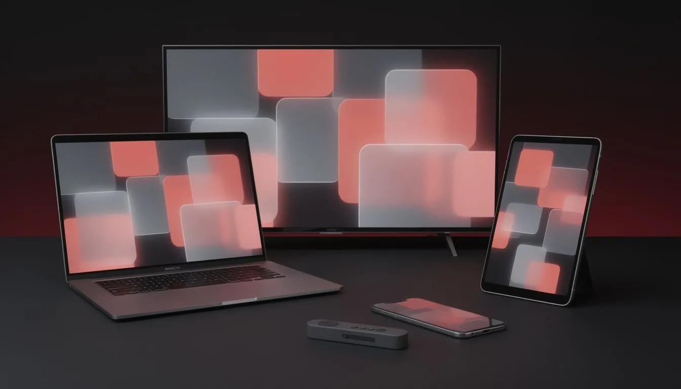 A smart TV, laptop, tablet and smartphone showing a streaming interface