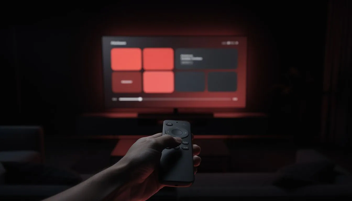 A remote control pointed at a TV showing a media player menu