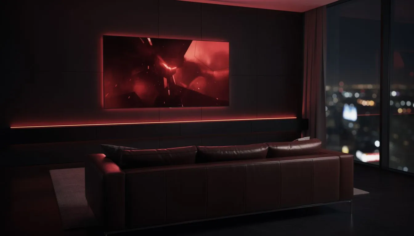 A modern living room at night with a large TV glowing red