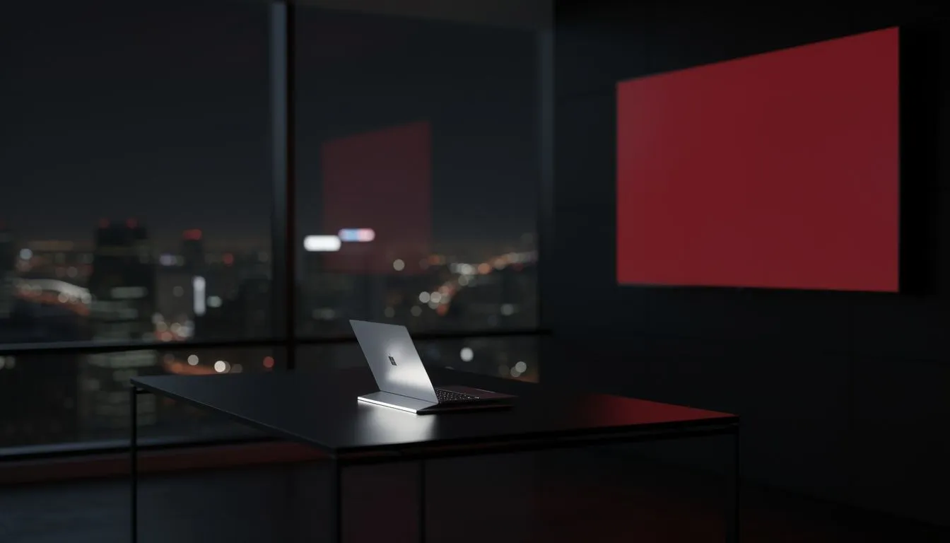 A modern office at night with a TV glowing red
